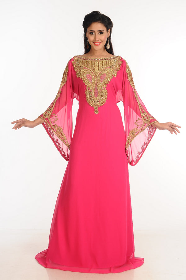 Pink Zari Work Stones & Beads Embellish Georgette Islamic Style Arabian Maxi Partywear Kaftan