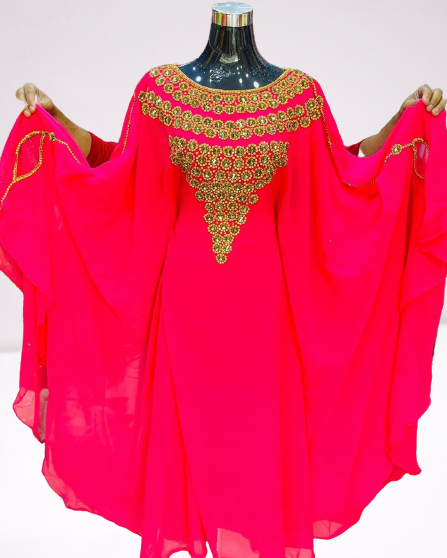 Rani Pink Zari Stone Work Georgette Islamic Style Beads Embedded Partywear Kaftan Long Gown Evening wear Dubai kaftan