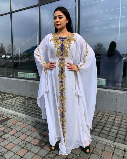 White Zari Stone Work Georgette Islamic Style Beads Embedded Partywear Kaftan Long Gown Evening wear Dubai kaftan