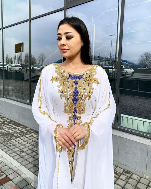 White Zari Stone Work Georgette Islamic Style Beads Embedded Partywear Kaftan Long Gown Evening wear Dubai kaftan
