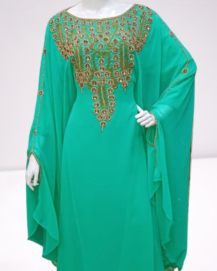 Sea Green Zari Stone Work Georgette Islamic Style Beads Embedded Partywear Kaftan Long Gown Evening wear Dubai kaftan