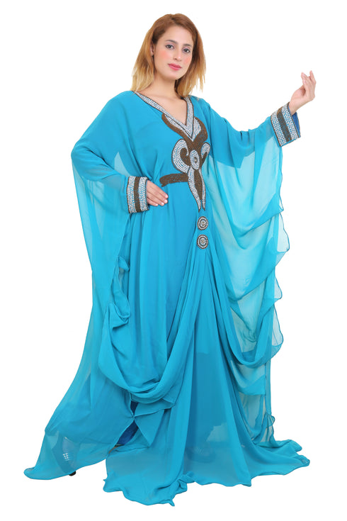 Aqua Blue Zari Stone Work Georgette Islamic Style Beads Embedded Partywear Kaftan Long Gown Evening wear Dubai kaftan