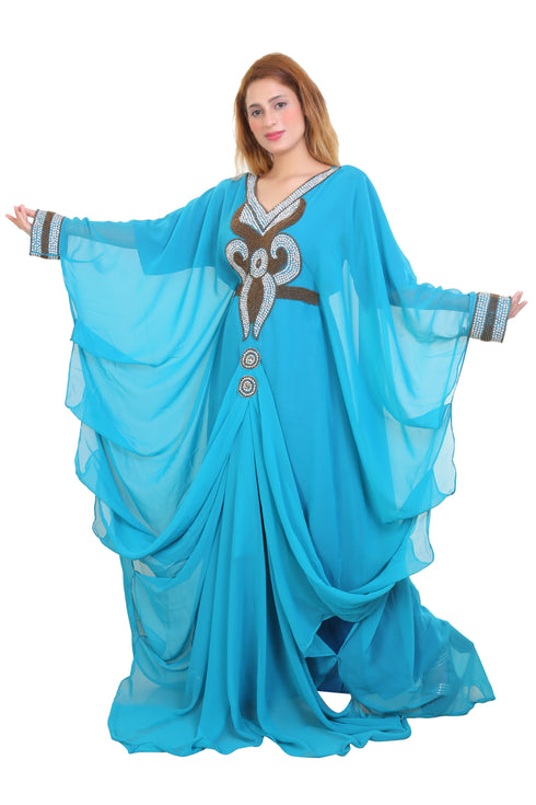 Aqua Blue Zari Stone Work Georgette Islamic Style Beads Embedded Partywear Kaftan Long Gown Evening wear Dubai kaftan