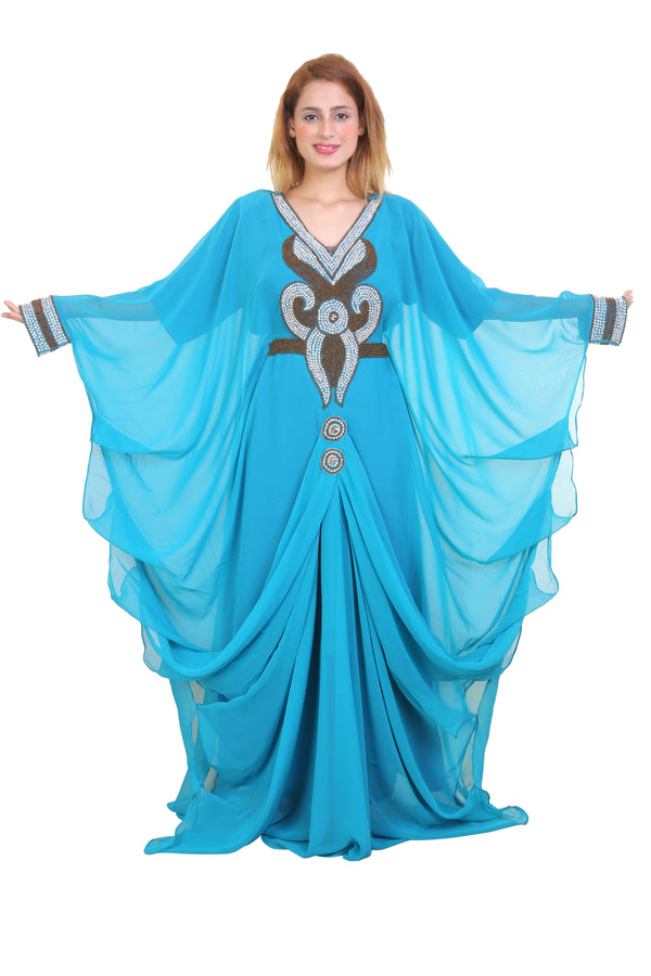 Aqua Blue Zari Stone Work Georgette Islamic Style Beads Embedded Partywear Kaftan Long Gown Evening wear Dubai kaftan