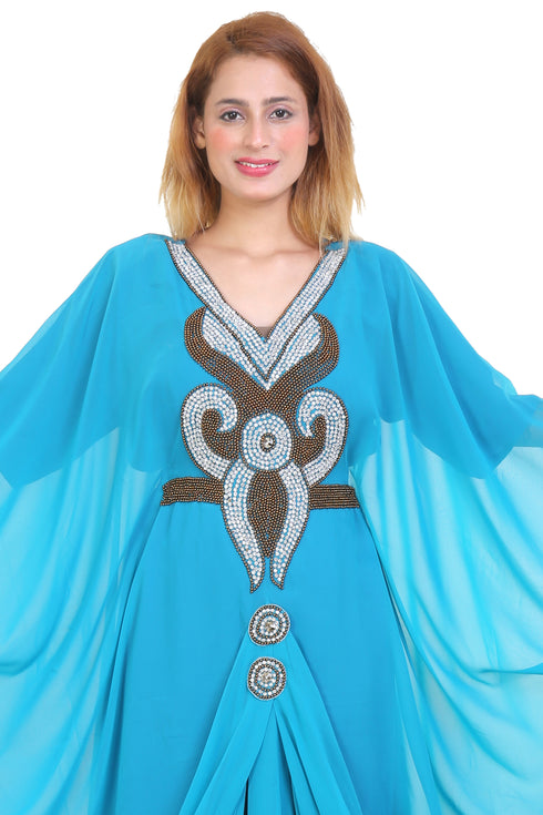 Aqua Blue Zari Stone Work Georgette Islamic Style Beads Embedded Partywear Kaftan Long Gown Evening wear Dubai kaftan