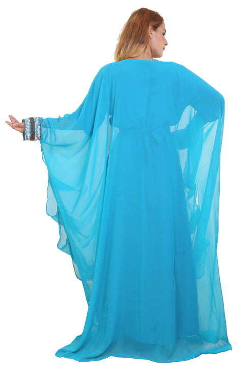 Aqua Blue Zari Stone Work Georgette Islamic Style Beads Embedded Partywear Kaftan Long Gown Evening wear Dubai kaftan