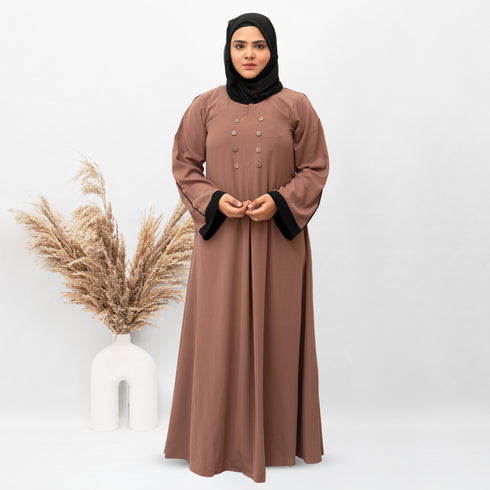 A-line Simple 8 Button Abaya in Brown Color With Hijab