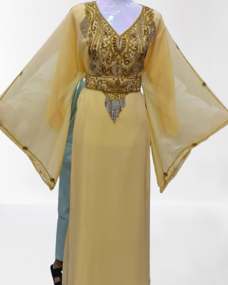 Beige Zari Stone Work Georgette Islamic Style Beads Embedded Partywear Kaftan Long Gown Evening wear Dubai kaftan