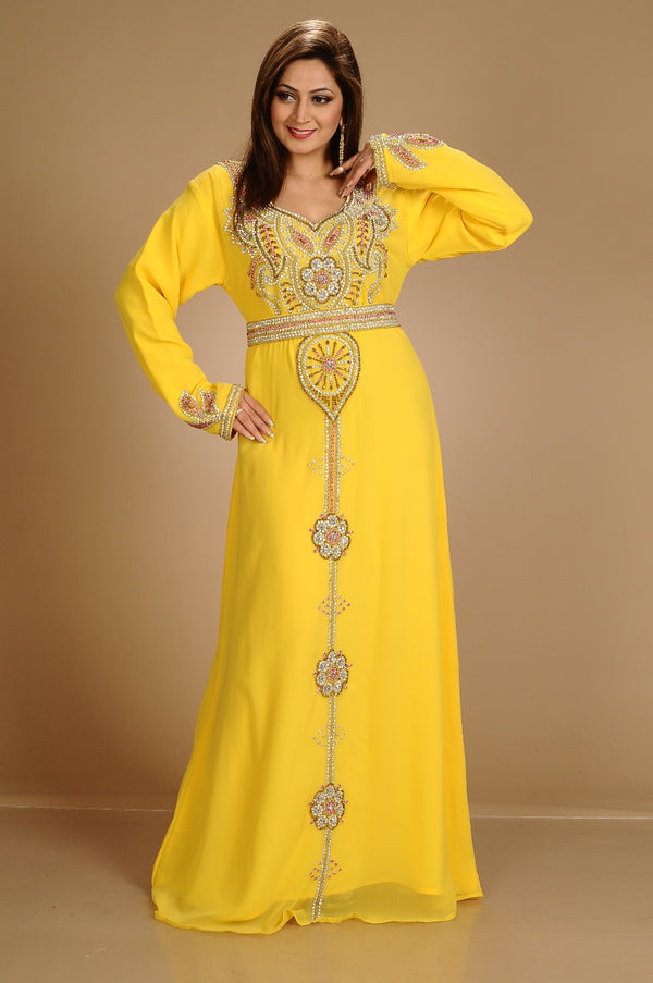 Yellow Zari Work Stones & Beads Embellish Georgette Islamic Style Arabian Maxi Partywear Kaftan