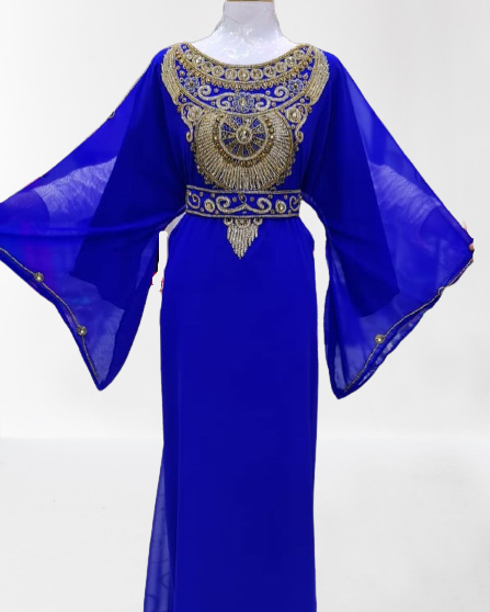 Royal Blue Zari Stone Work Georgette Islamic Style Beads Embedded Partywear Kaftan Long Gown Evening wear Dubai kaftan