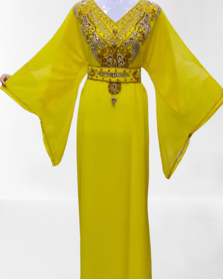 Sunshine Yellow Kaftan Gown with Ornate Embellishments