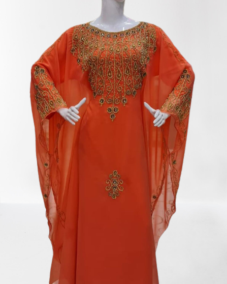 Orange Zari Stone Work Georgette Islamic Style Beads Embedded Partywear Kaftan Long Gown Evening wear Dubai kaftan