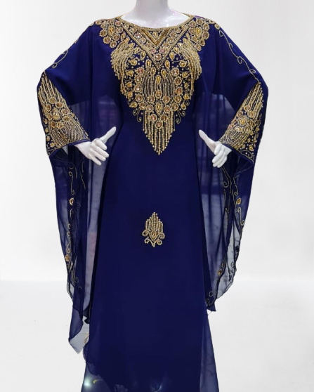 BlueZari Stone Work Georgette Islamic Style Beads Embedded Partywear Kaftan Long Gown Evening wear Dubai kaftan