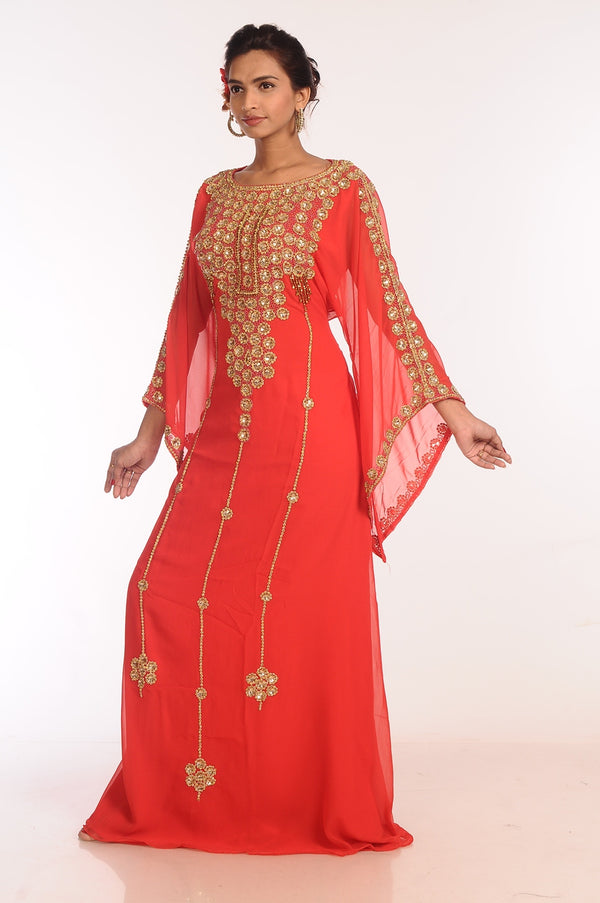Red Georgette Hand Woven Stitched Islamic Kaftans