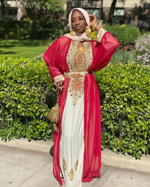 Pink and Cream Georgette Beadwork Kaftan