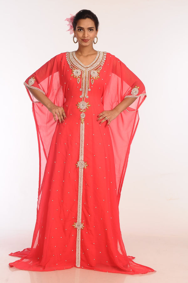 Tomato Georgette Hand Woven Stitched Islamic Kaftans