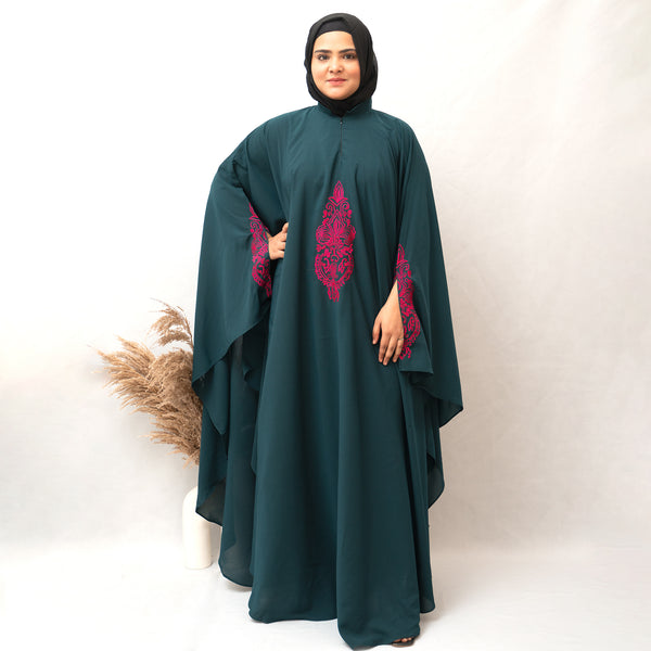 3 Boota Pink Embroidery Kaftan Abaya in Ramagreen Color With Hijab