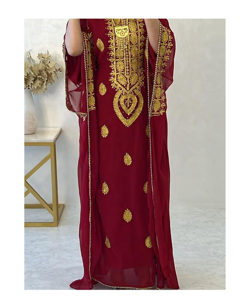 Maroon Embroidered Stone work Stitched Dress Georgette Kaftan Party Wear Wedding Dresses