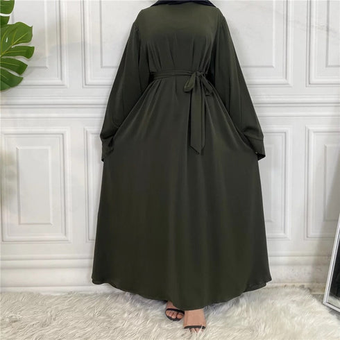 Plan Abaya with Belt and Large Sleeves Mehandi Green Color with Dupatta in Firdous Material