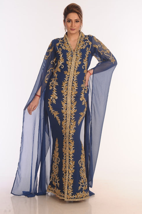 Blue Kaftan Dubai Moroccan Farasha Abaya Maxi Modern Fancy Floor Length Dress