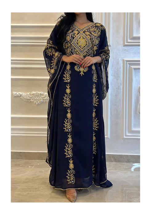 Navy Blue Georgette Aari Work Wedding Kaftan