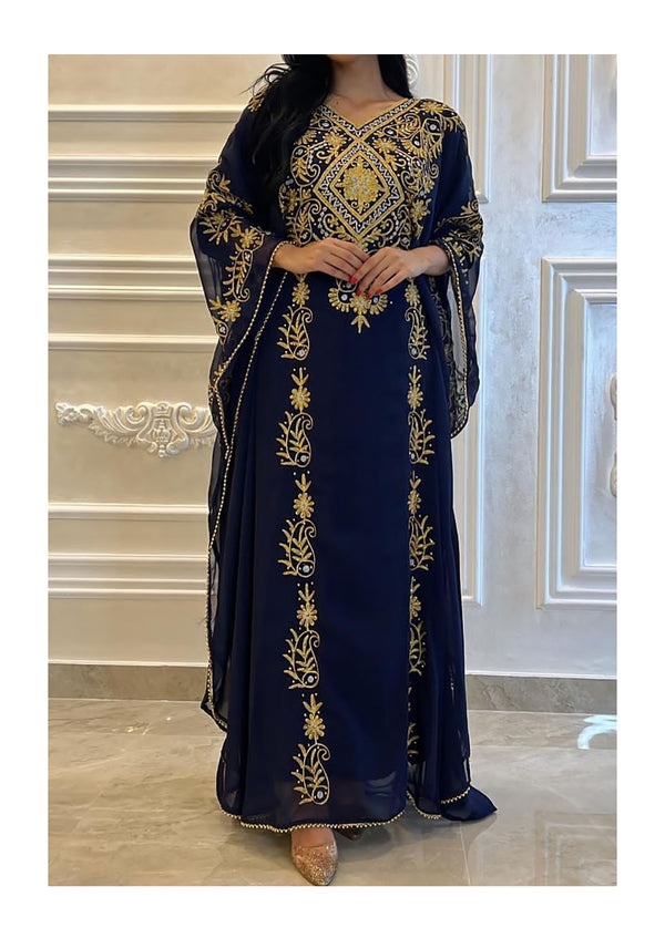 Navy Blue Georgette Aari Work Wedding Kaftan