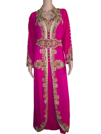 Pink Zari Stone Work Georgette Islamic Style Gown Beads Embedded PartyWear Kaftan