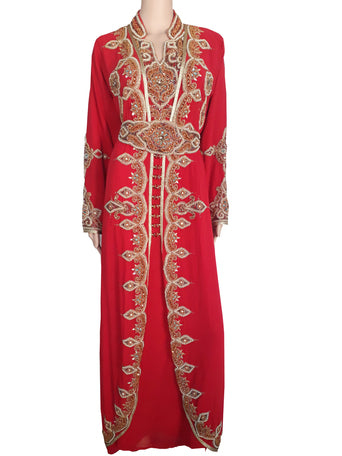 Red Zari Stone Work Georgette Islamic Style Arabian gown Beads Embedded PartyWear Kaftan