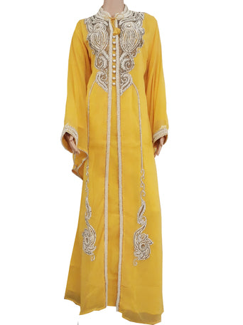 Yellow Zari Stone Work Georgette Islamic Style Arabian gown Beads Embedded PartyWear Kaftan