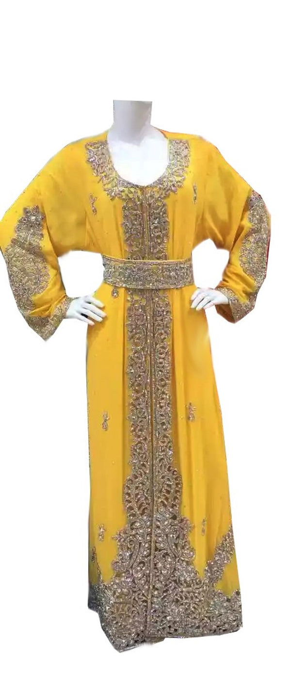 Yellow Georgette Islamic Kaftan With Zari And Stone Work