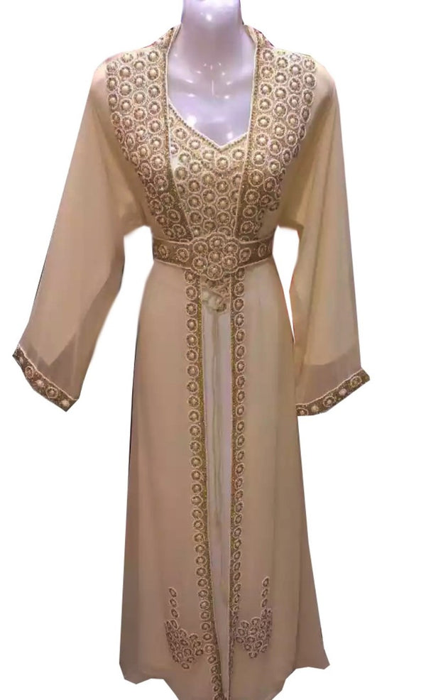 Beige Georgette Islamic Kaftan With Zari And Stone Work