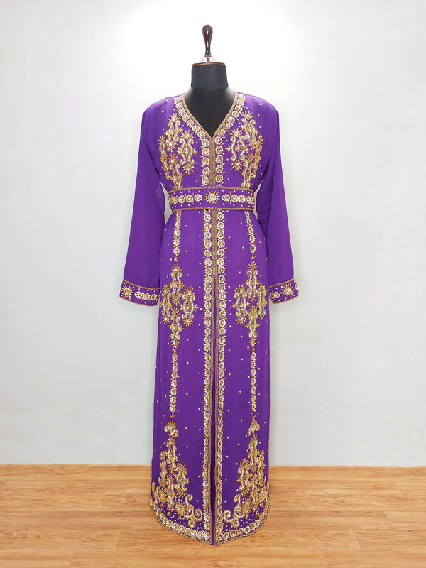 purple Moroccan Kaftan With Sun-proof hijab.