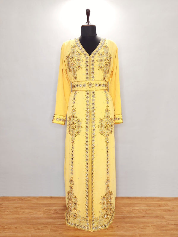 Yellow luxurious Moroccan Kaftan With Sun-proof hijab.