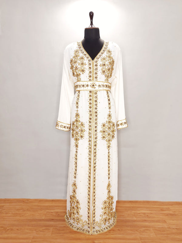 Elegant White and Gold Georgette Hand-Embroidered Moroccan Kaftan