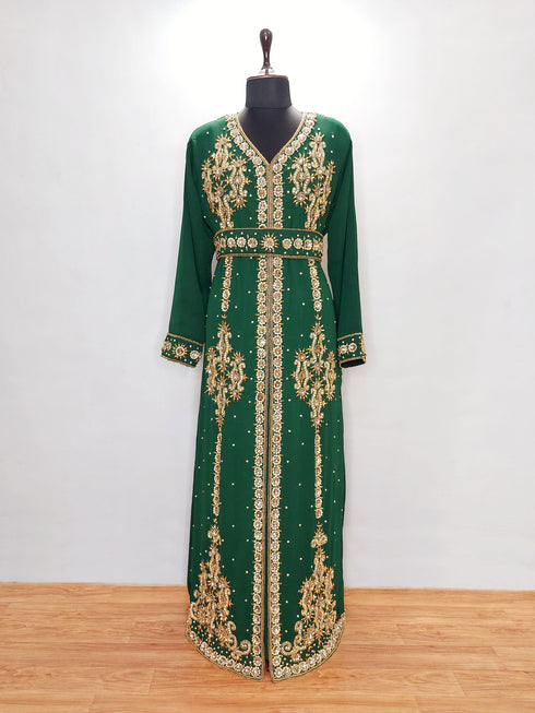 Dark Green Moroccan Kaftan With Sun-proof hijab.