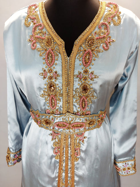 Pastel Blue Satin luxurious Moroccan Kaftan