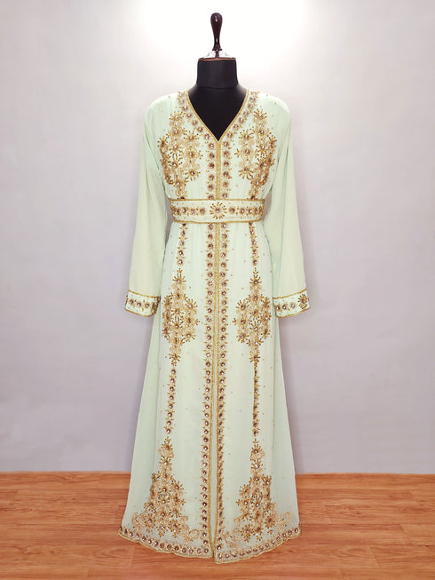 Light Green luxurious Moroccan Kaftan With Sun-proof hijab.