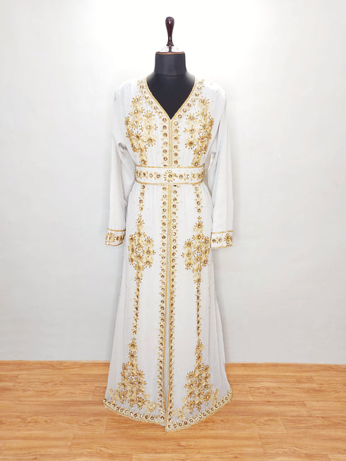 Gray luxurious Moroccan Kaftan With Sun-proof hijab.