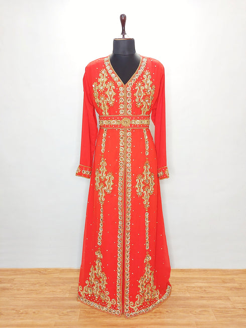 Red luxurious Moroccan Kaftan With Sun-proof hijab.