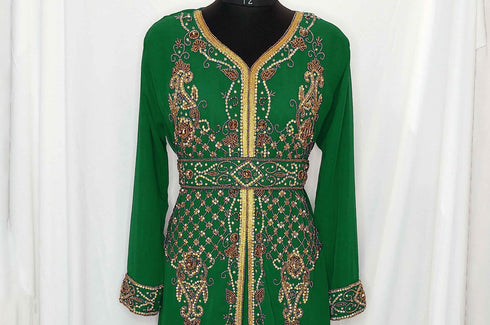 Dark Green luxurious Moroccan Kaftan With Sun-proof hijab.