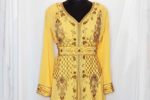 Yellow luxurious Moroccan Kaftan With Sun-proof hijab.