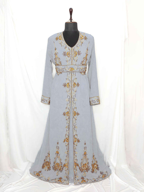 Gray Moroccan Kaftan With Sun-proof hijab.
