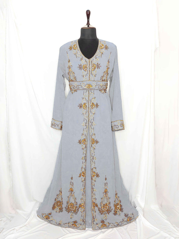 Gray Moroccan Kaftan With Sun-proof hijab.