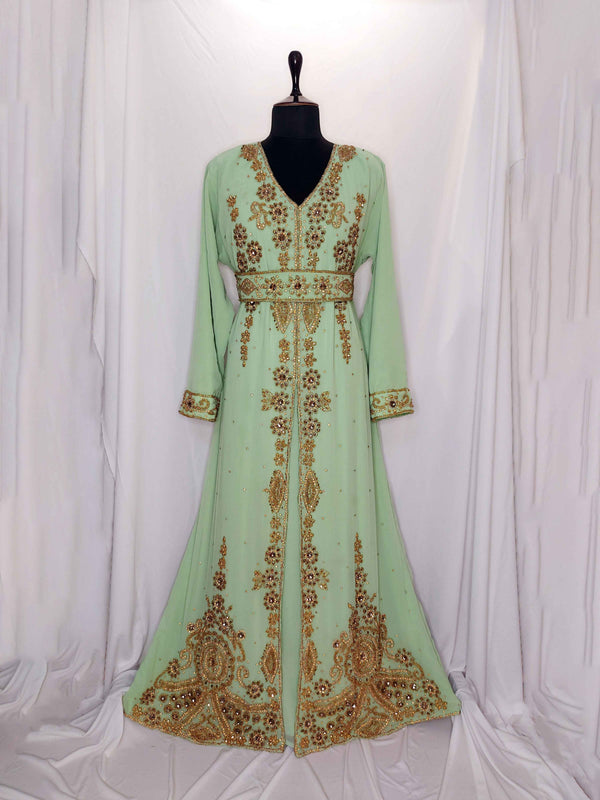 Light Green luxurious Moroccan Kaftan with Sun-proof hijab.