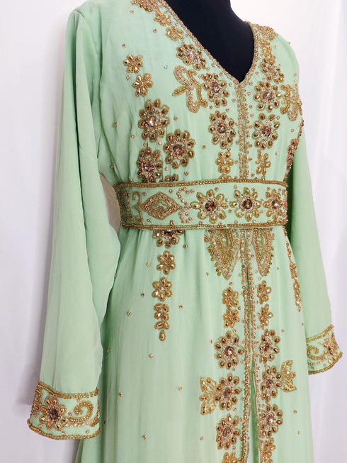 Light Green luxurious Moroccan Kaftan with Sun-proof hijab.