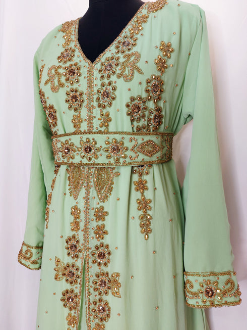 Light Green luxurious Moroccan Kaftan with Sun-proof hijab.