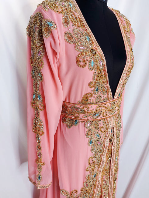 Peach Moroccan Kaftan Gown with Zari and Sequin Work