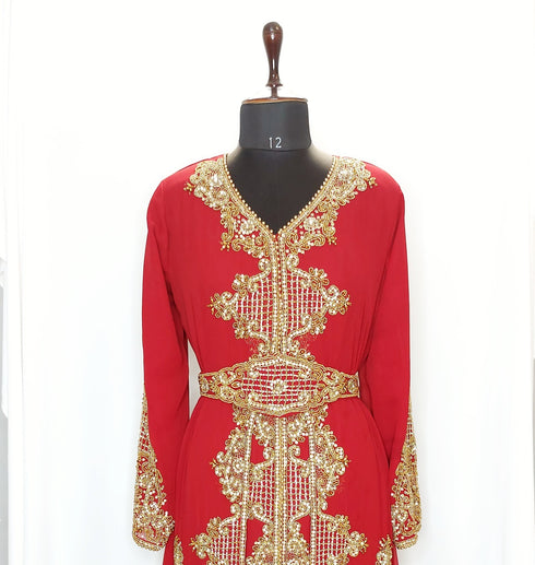 Red luxurious full sleeve embroidered Moroccan Kaftan With Sun-proof hijab.