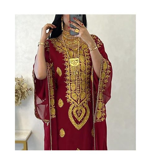 Maroon Embroidered Stone work Stitched Dress Georgette Kaftan Party Wear Wedding Dresses