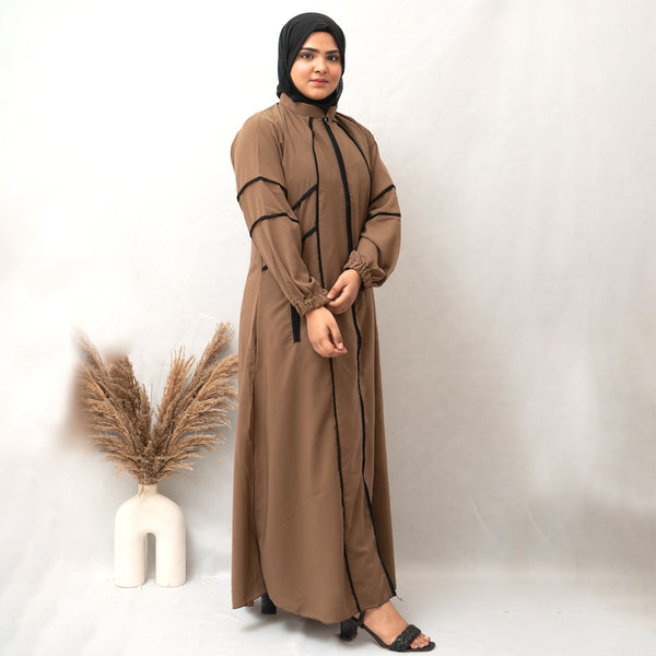 Front Open Zip Lastic Sleeves & Double Pocket Abaya in Brown Color With Hijab